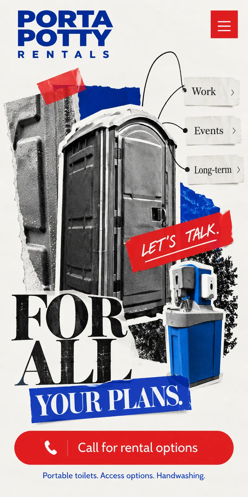 Cut-paper collage of portable toilets and a separate handwashing station